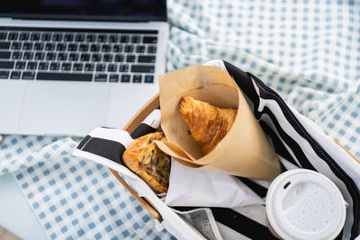 High angle view of breakfast served on table