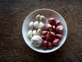 High angle view of eggs in bowl on table