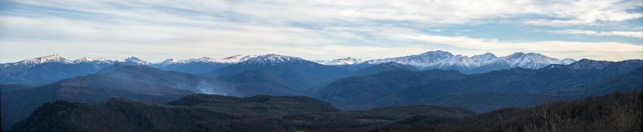 Scenic view of mountains against cloudy sky