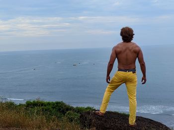 Rear view of shirtless man looking at sea against sky