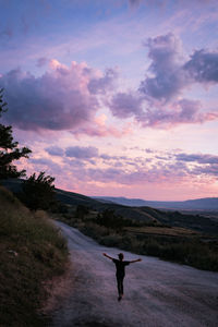 Rear view of man walking on field against sky during sunset