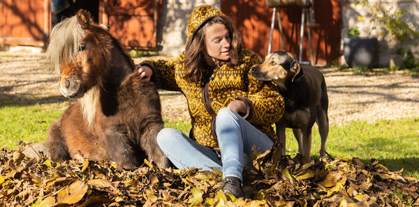 Young lady sitted in dead leaves with her shetland pony and her shepherd dog