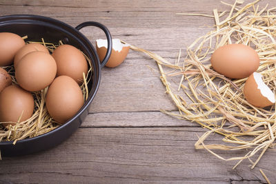 High angle view of eggs in basket on table