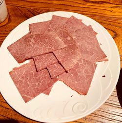 High angle view of cake in plate on table