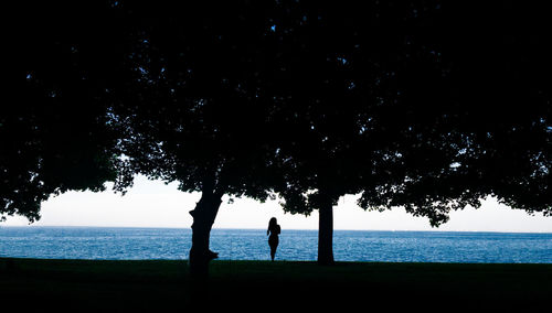 Silhouette people standing by sea against sky