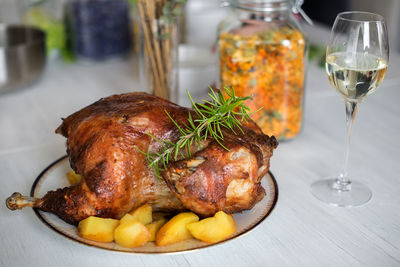 Close-up of food in plate on table