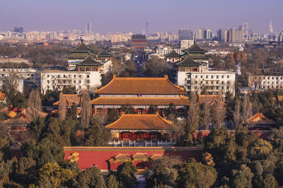 High angle view of city buildings