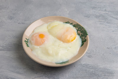 High angle view of breakfast served on table