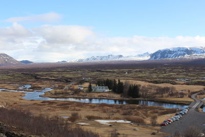 Scenic view of mountains against sky during winter