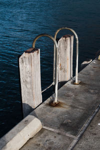 High angle view of railing by sea