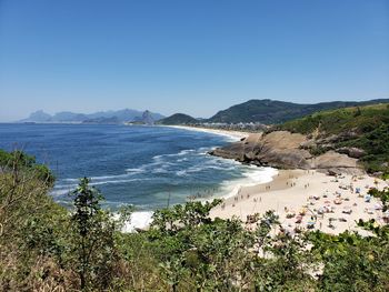 Scenic view of sea against clear blue sky