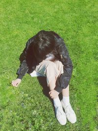 High angle view of boy on field