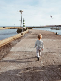 Rear view of boy on beach against sky