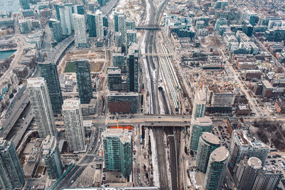 High angle view of city buildings