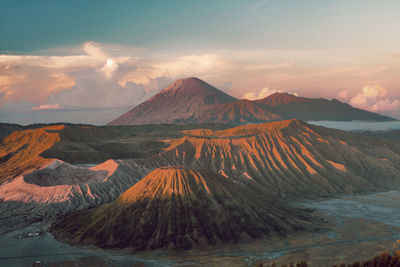 View of volcanic mountain during sunset