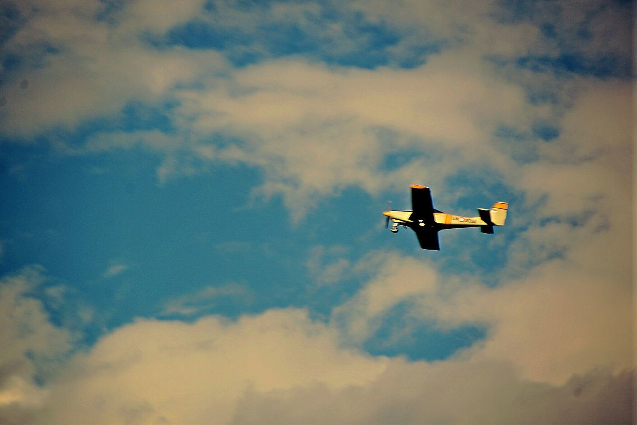 low angle view, sky, flying, cloud - sky, airplane, silhouette, mid-air, air vehicle, cloudy, lighting equipment, cloud, street light, dusk, sunset, outdoors, no people, nature, transportation, bird, weather