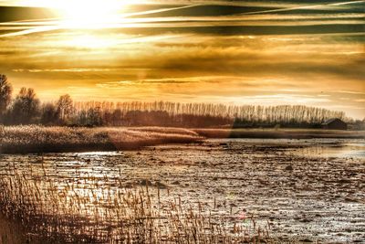 Scenic view of lake at sunset