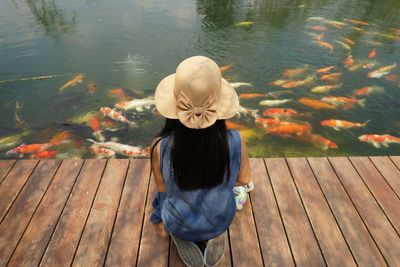 Rear view of woman looking at koi carps in lake