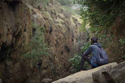 Rear view of man sitting on rock in forest