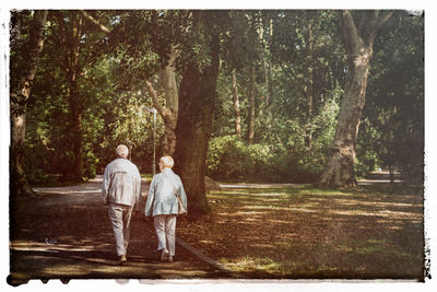 Rear view of couple walking along trees