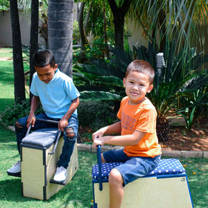 Portrait of boy sitting on rocking horse at backyard