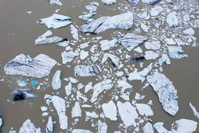 Aerial view of floating icebergs. jokulsarlon lagoon, iceland