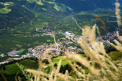 High angle view of buildings on field