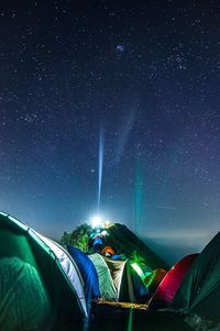 Illuminated tents against star field at night