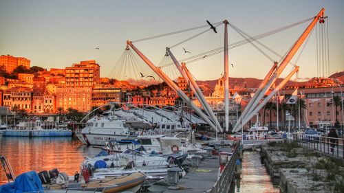 View of harbor at sunset