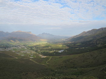 Scenic view of landscape and mountains against sky