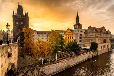 View of buildings in city at sunset