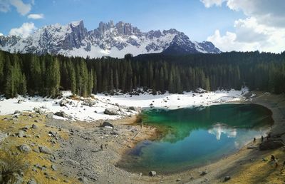 Panoramic view of lake and snowcapped mountains against sky