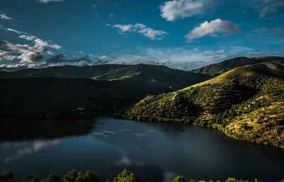 Scenic view of lake and mountains against sky