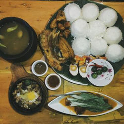 High angle view of food served on table