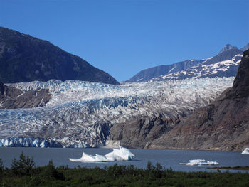 Scenic view of snowcapped mountains against clear blue sky