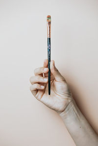 Cropped hand holding paintbrush against white background