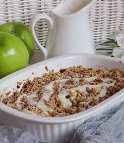 Close-up of apple crumble in container