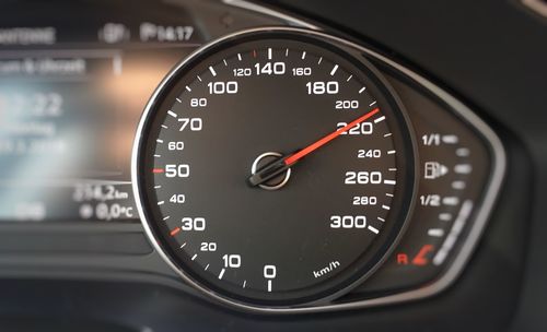 Close-up of speedometer in car