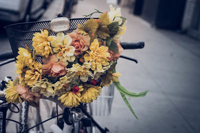 Close-up of flowers on bicycle