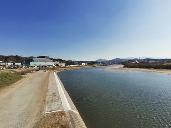 Scenic view of sea against clear blue sky