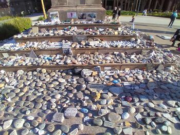 High angle view of stones in row