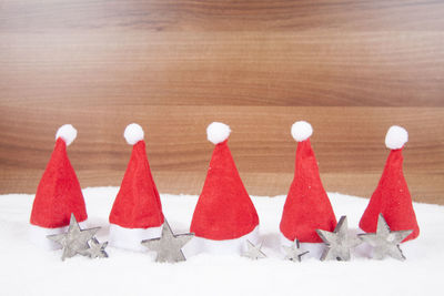 Close-up of christmas decorations on snow