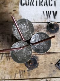 High angle view of drink in glass on table