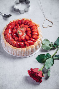 High angle view of strawberries on table