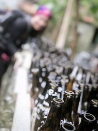 Close-up of wine bottles