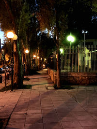 Illuminated street light on sidewalk at night