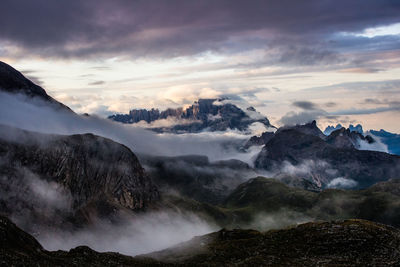 Scenic view of mountains against cloudy sky