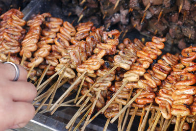 Close-up of person preparing food on barbecue grill