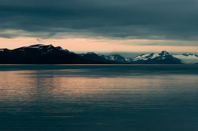 Scenic view of lake against sky during sunset