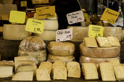 Close-up of cheese for sale in market